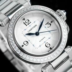 Cartier-Pasha Ladies 35mm SS/SS White/Num/Dia BVF Automatic