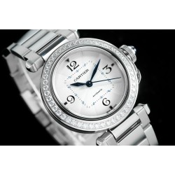 Cartier-Pasha Ladies 35mm SS/SS White/Num/Dia BVF Automatic