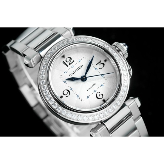 Cartier-Pasha Ladies 35mm SS/SS White/Num/Dia BVF Automatic