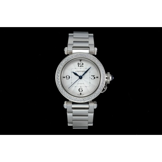 Cartier-Pasha Ladies 35mm Diam SS/SS White/Num KDY Original 9015 Movement