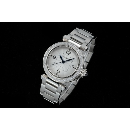 Cartier-Pasha Ladies 35mm Diam SS/SS White/Num KDY Original 9015 Movement