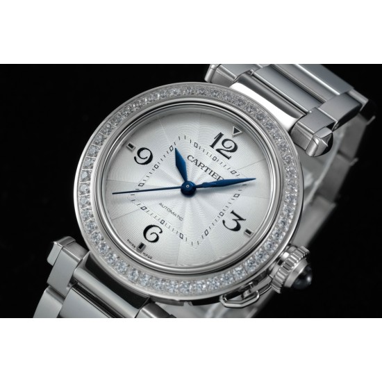 Cartier-Pasha Ladies 35mm Diam SS/SS White/Num KDY Original 9015 Movement