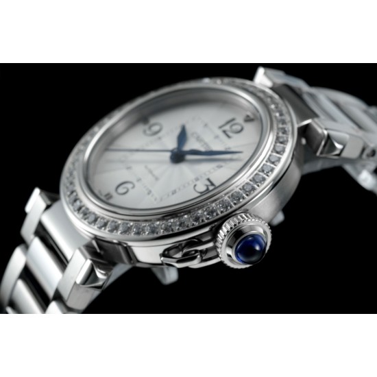 Cartier-Pasha Ladies 35mm Diam SS/SS White/Num KDY Original 9015 Movement