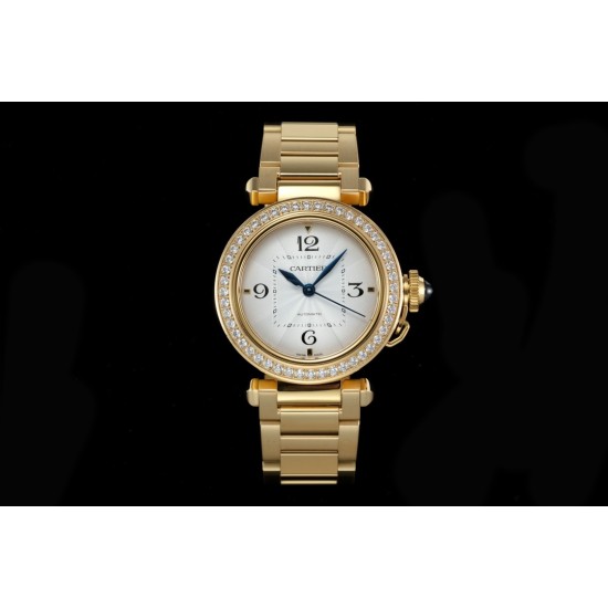 Cartier-Pasha Ladies 35mm Diam YG/YG White/Num KDY Original 9015 Movement