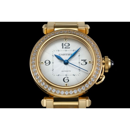 Cartier-Pasha Ladies 35mm Diam YG/YG White/Num KDY Original 9015 Movement