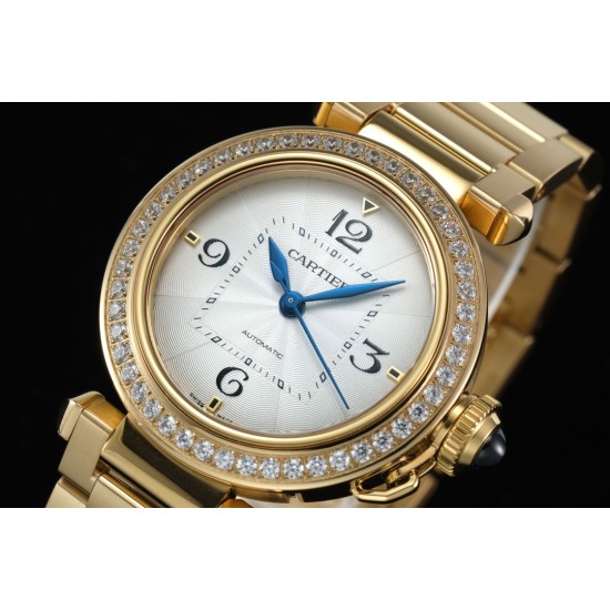 Cartier-Pasha Ladies 35mm Diam YG/YG White/Num KDY Original 9015 Movement