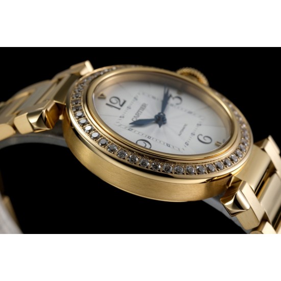 Cartier-Pasha Ladies 35mm Diam YG/YG White/Num KDY Original 9015 Movement