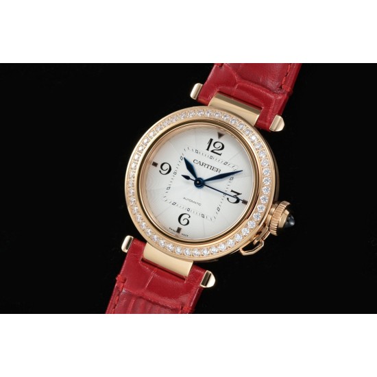 Cartier-Pasha Ladies 35mm Diam RG/LE White/Num KDY Original 9015 Movement
