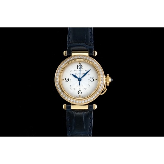 Cartier-Pasha Ladies 35mm Diam YG/LE White/Num KDY Original 9015 Movement