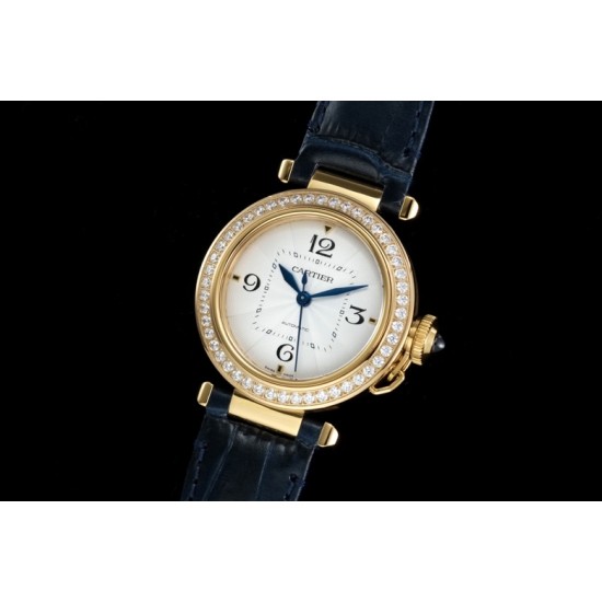 Cartier-Pasha Ladies 35mm Diam YG/LE White/Num KDY Original 9015 Movement