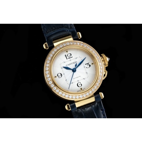 Cartier-Pasha Ladies 35mm Diam YG/LE White/Num KDY Original 9015 Movement