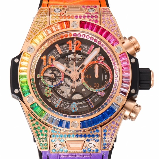Hublot-Big Bang Unico 44mm Rainbow Gems Bezel Titanium/SS/Diams Rubber BBF A1280