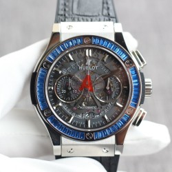 Hublot-Classic Fusion Bang 45mm Chrono Blue Baguette SS/LE Skeleton Dial TAF A7750 Secs @ 3
