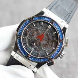 Hublot-Classic Fusion Bang 45mm Chrono Blue Baguette SS/LE Skeleton Dial TAF A7750 Secs @ 3