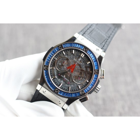 Hublot-Classic Fusion Bang 45mm Chrono Blue Baguette SS/LE Skeleton Dial TAF A7750 Secs @ 3