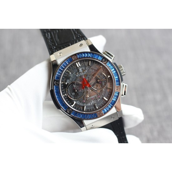 Hublot-Classic Fusion Bang 45mm Chrono Blue Baguette SS/LE Skeleton Dial TAF A7750 Secs @ 3