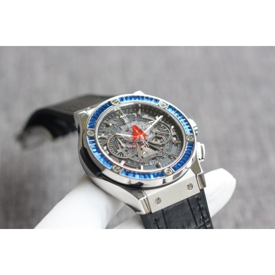 Hublot-Classic Fusion Bang 45mm Chrono Blue Baguette SS/LE Skeleton Dial TAF A7750 Secs @ 3