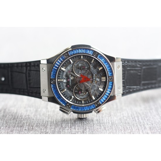 Hublot-Classic Fusion Bang 45mm Chrono Blue Baguette SS/LE Skeleton Dial TAF A7750 Secs @ 3