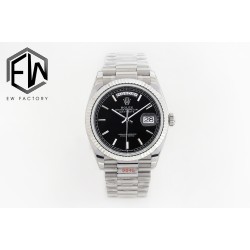 Rolex-DayDate 36mm Flt Pres SS/SS Black Stk EWF Asia 2836