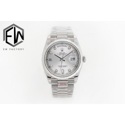 Rolex-DayDate 36mm Flt Pres SS/SS Silv Wht Diam EWF A3255