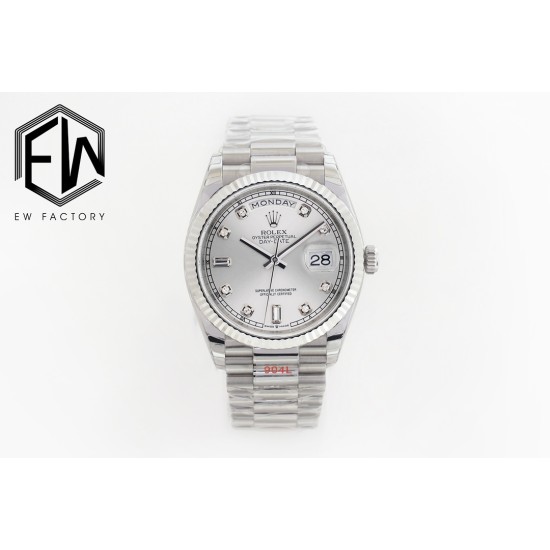 Rolex-DayDate 36mm Flt Pres SS/SS Silv Wht Diam EWF A3255