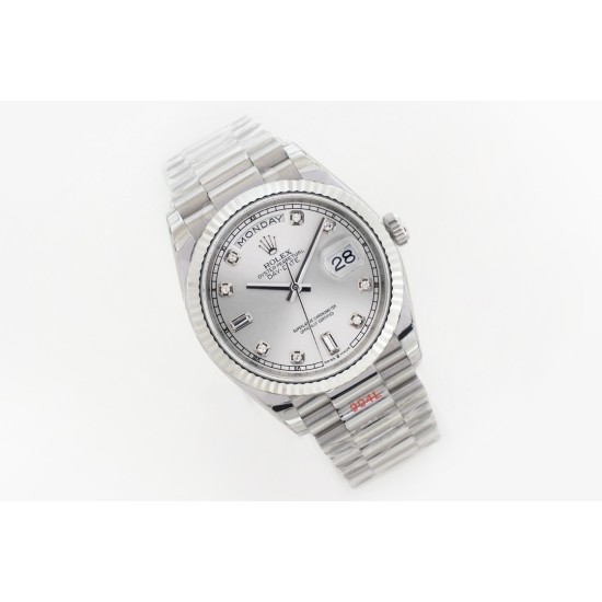 Rolex-DayDate 36mm Flt Pres SS/SS Silv Wht Diam EWF A3255