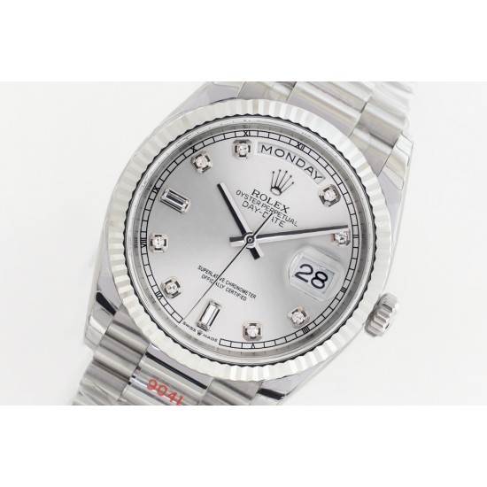 Rolex-DayDate 36mm Flt Pres SS/SS Silv Wht Diam EWF A3255