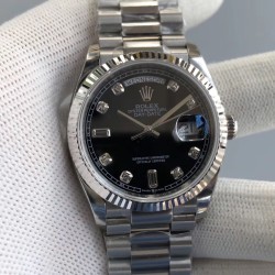 Rolex-DayDate 36mm Flt Pres SS/SS Black Diam EWF A3255 Mod