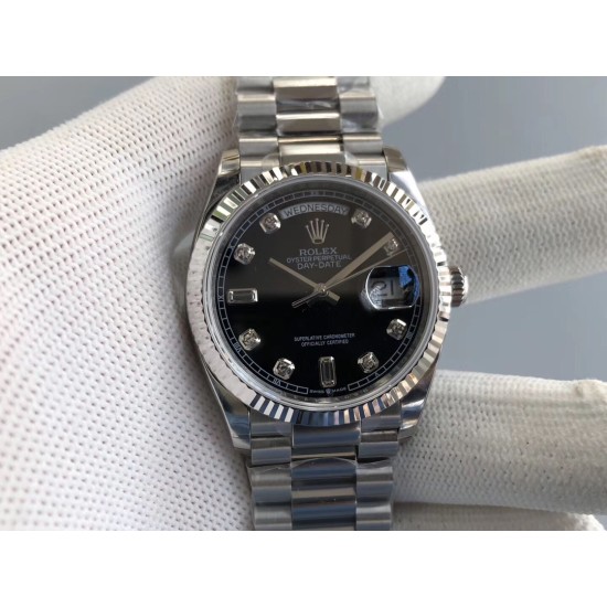 Rolex-DayDate 36mm Flt Pres SS/SS Black Diam EWF A3255 Mod