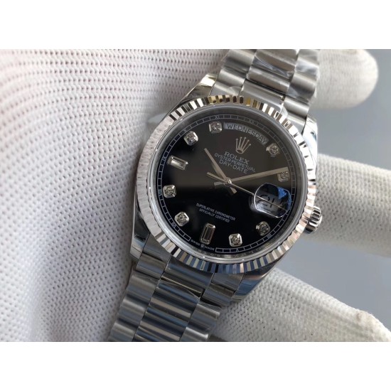 Rolex-DayDate 36mm Flt Pres SS/SS Black Diam EWF A3255 Mod