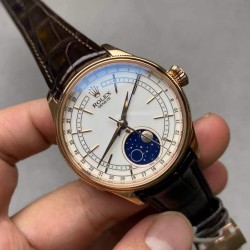 Rolex-Cellini 50535 Moonphase Brn RG/LE Wht EWF A3195 Mo