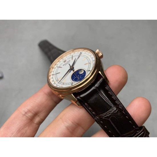 Rolex-Cellini 50535 Moonphase Brn RG/LE Wht EWF A3195 Mo