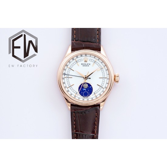 Rolex-Cellini 50535 Moonphase Brn RG/LE Wht EWF A3195 Mo