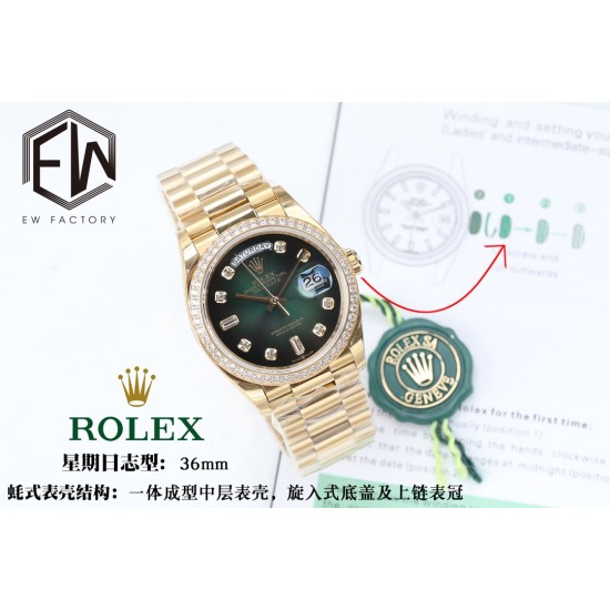 Rolex-DayDate 36mm Dia Pres YG/YG Green Diam EWF A3255 Mod