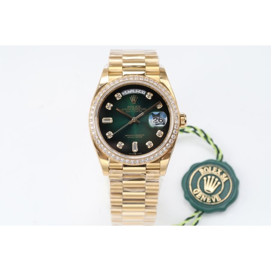 Rolex-DayDate 36mm Dia Pres YG/YG Green Diam EWF A3255 Mod