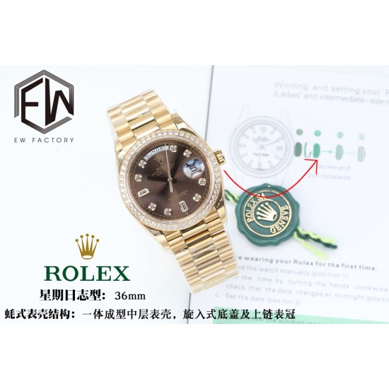 Rolex-DayDate 36mm Dia Pres YG/YG Brown Diam EWF A3255 Mod