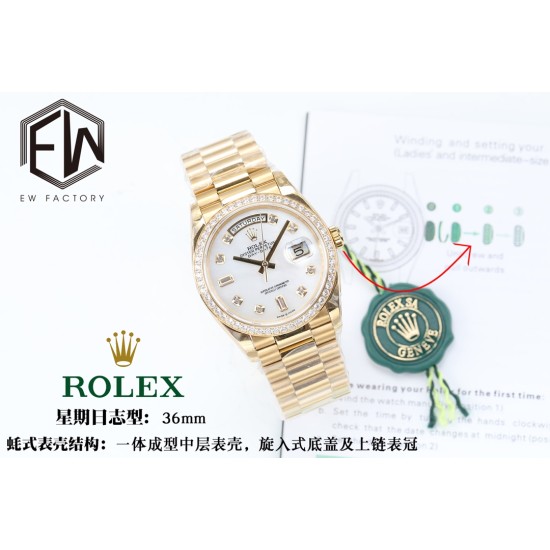 Rolex-DayDate 36mm Dia Pres YG/YG Wht MOP Diam EWF A3255 Mo