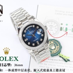 Rolex-DayDate 36mm Dia Pres SS/SS G-Blue Diam EWF A3255 Mod