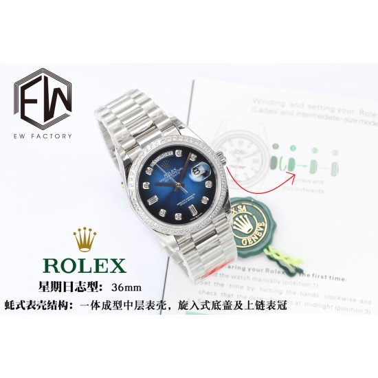 Rolex-DayDate 36mm Dia Pres SS/SS G-Blue Diam EWF A3255 Mod
