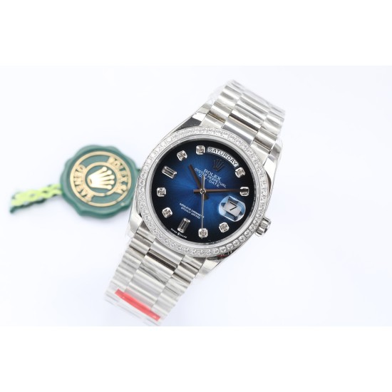 Rolex-DayDate 36mm Dia Pres SS/SS G-Blue Diam EWF A3255 Mod