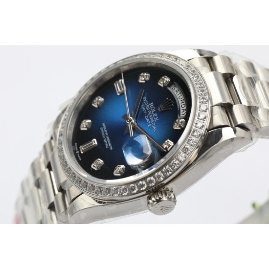 Rolex-DayDate 36mm Dia Pres SS/SS G-Blue Diam EWF A3255 Mod