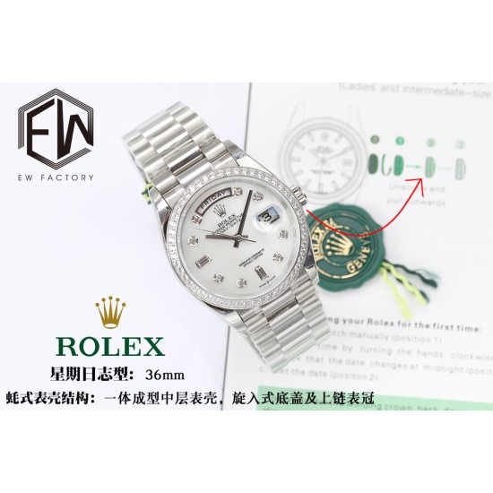 Rolex-DayDate 36mm Dia Pres SS/SS Wht MOP Diam EWF A3255 Mo