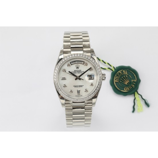 Rolex-DayDate 36mm Dia Pres SS/SS Wht MOP Diam EWF A3255 Mo