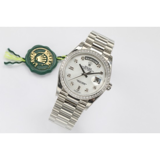 Rolex-DayDate 36mm Dia Pres SS/SS Wht MOP Diam EWF A3255 Mo