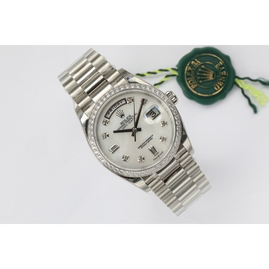 Rolex-DayDate 36mm Dia Pres SS/SS Wht MOP Diam EWF A3255 Mo
