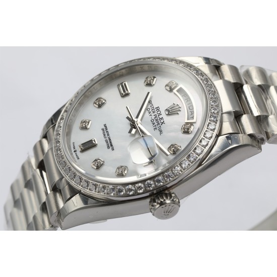 Rolex-DayDate 36mm Dia Pres SS/SS Wht MOP Diam EWF A3255 Mo