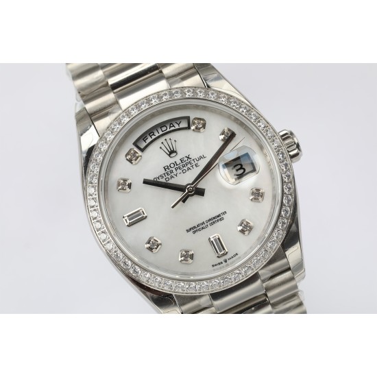 Rolex-DayDate 36mm Dia Pres SS/SS Wht MOP Diam EWF A3255 Mo
