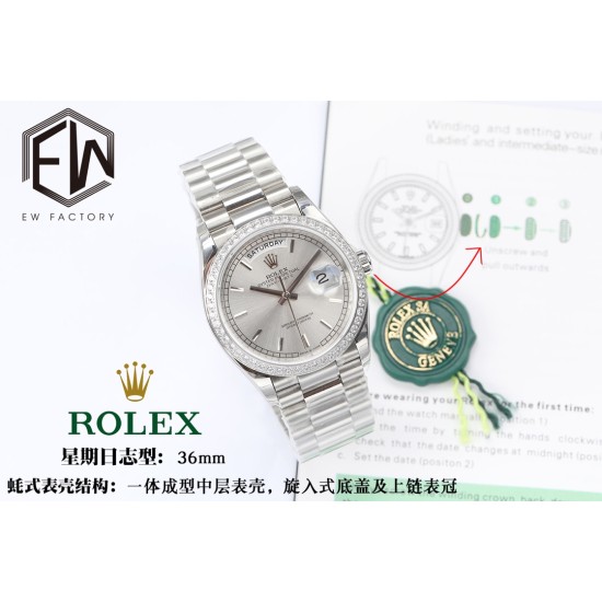 Rolex-DayDate 36mm Dia Pres SS/SS Silv Wht Stk EWF A3255 Mo