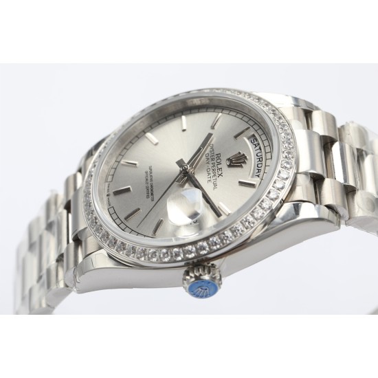 Rolex-DayDate 36mm Dia Pres SS/SS Silv Wht Stk EWF A3255 Mo