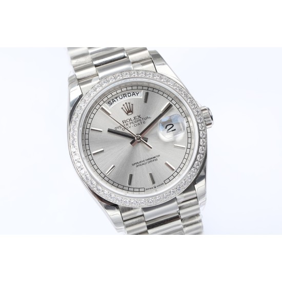 Rolex-DayDate 36mm Dia Pres SS/SS Silv Wht Stk EWF A3255 Mo